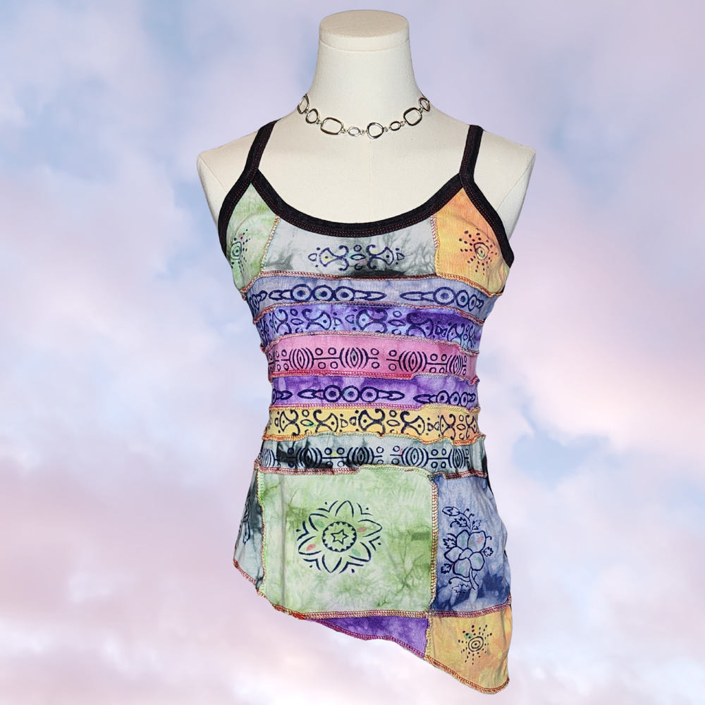 Colorful Tye Dye Patchwork Boho Festival Hippie Cotton Asymmetrical Tank Top